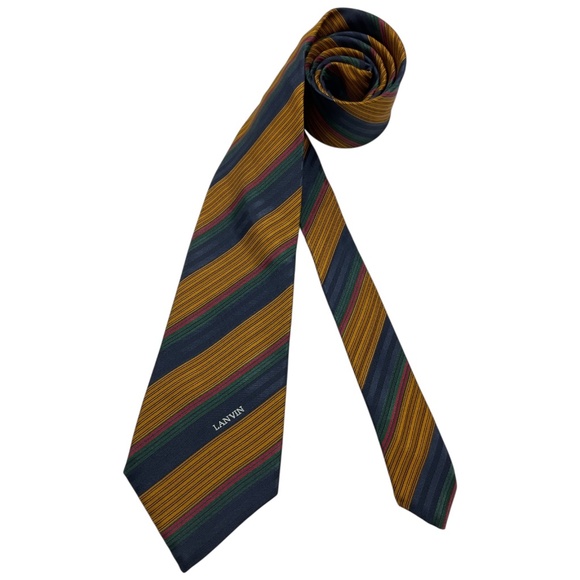 LANVIN Brown/Navy Striped Logo Silk LUXURY Tie FRANCE - Picture 1 of 4